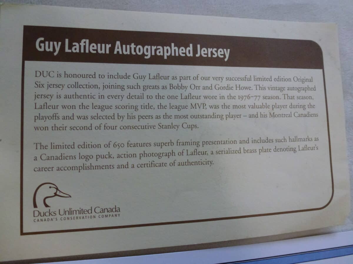 503/650 Cadre chandail autographie Guy Lafleur Duck Unlimited